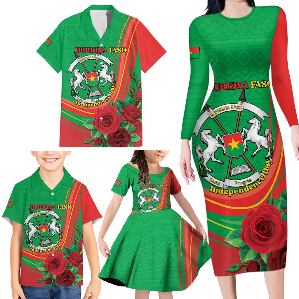 Personalised Burkina Faso Independence Day Family Matching Long Sleeve Bodycon Dress and Hawaiian Shirt Coat Of Arms With Rose