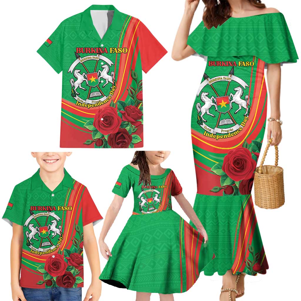 Personalised Burkina Faso Independence Day Family Matching Mermaid Dress and Hawaiian Shirt Coat Of Arms With Rose