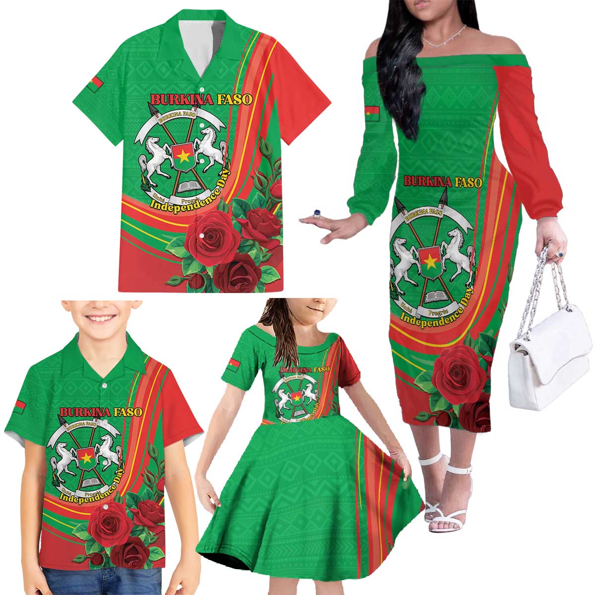 Personalised Burkina Faso Independence Day Family Matching Off The Shoulder Long Sleeve Dress and Hawaiian Shirt Coat Of Arms With Rose