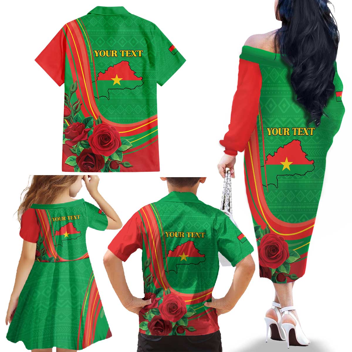 Personalised Burkina Faso Independence Day Family Matching Off The Shoulder Long Sleeve Dress and Hawaiian Shirt Coat Of Arms With Rose