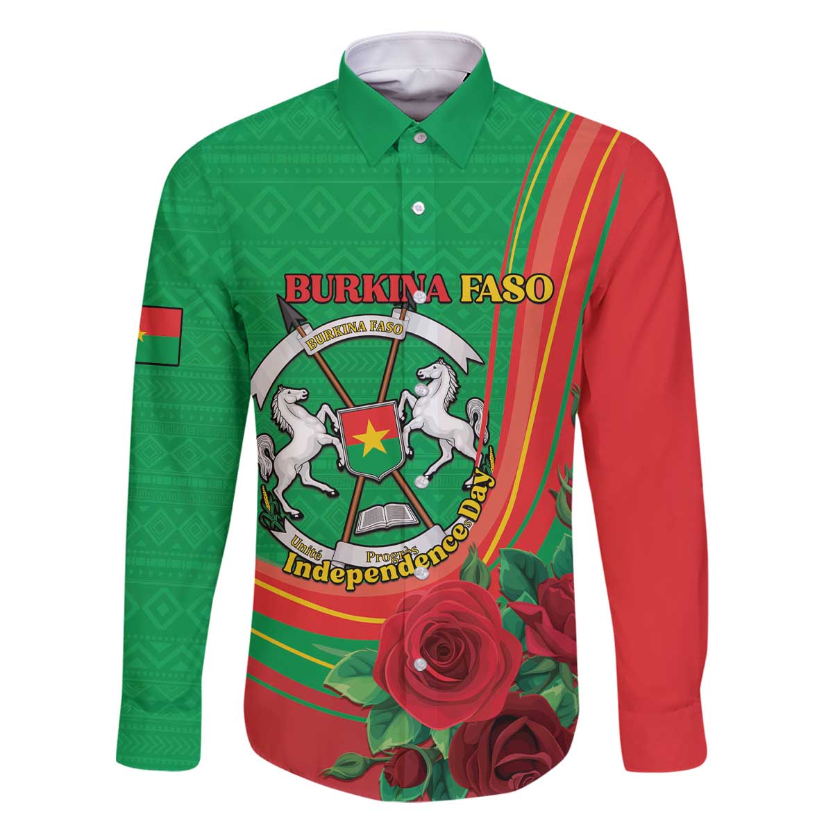 Personalised Burkina Faso Independence Day Family Matching Off The Shoulder Long Sleeve Dress and Hawaiian Shirt Coat Of Arms With Rose
