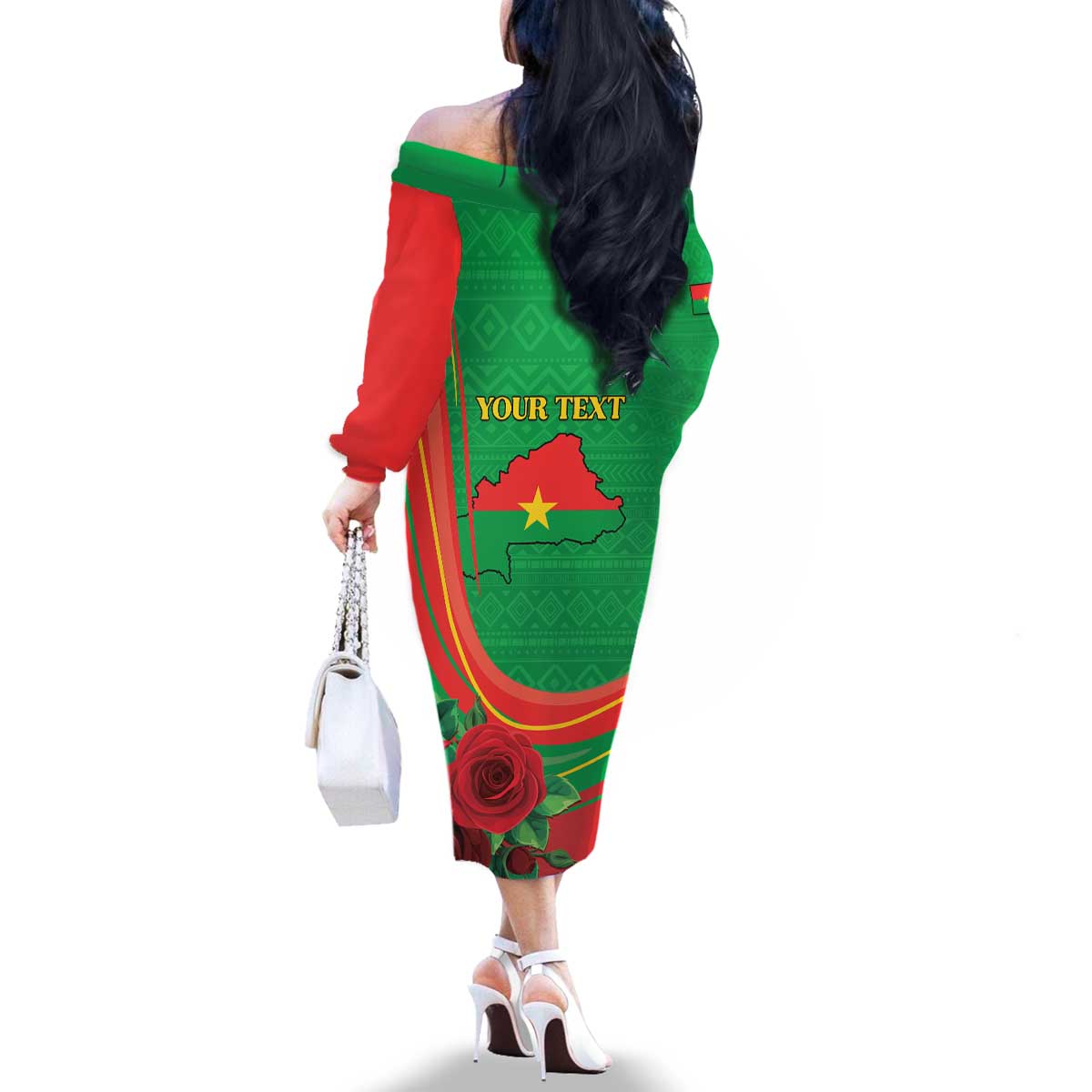 Personalised Burkina Faso Independence Day Family Matching Off The Shoulder Long Sleeve Dress and Hawaiian Shirt Coat Of Arms With Rose