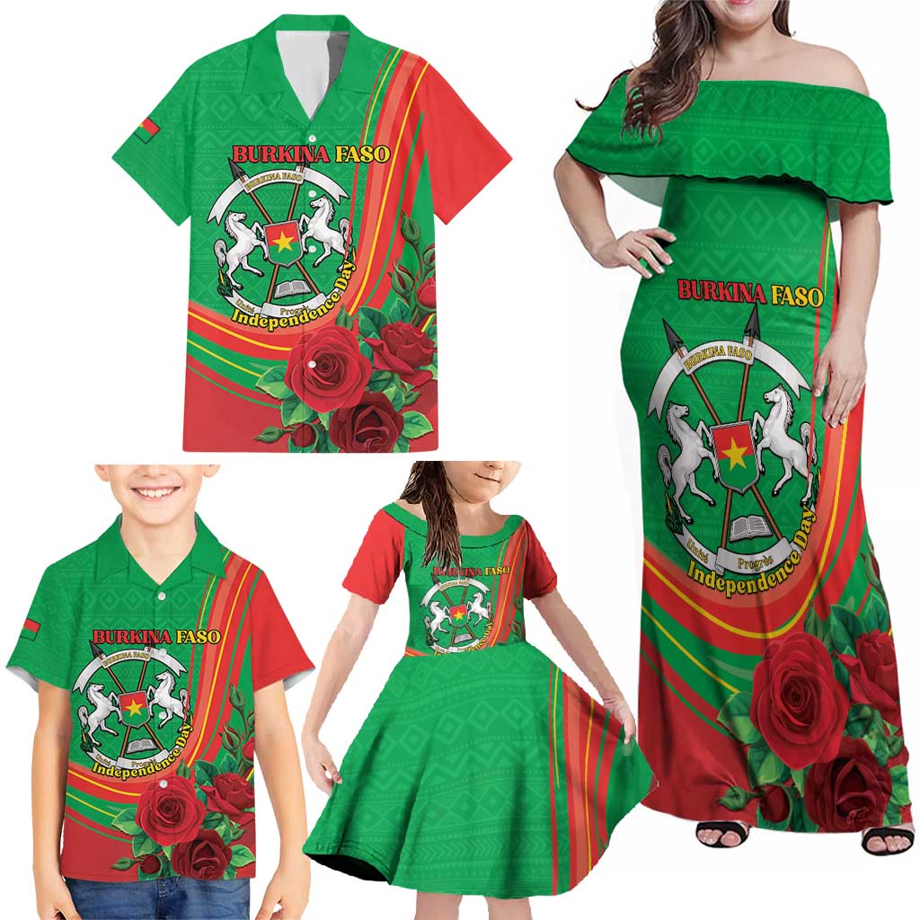 Personalised Burkina Faso Independence Day Family Matching Off Shoulder Maxi Dress and Hawaiian Shirt Coat Of Arms With Rose