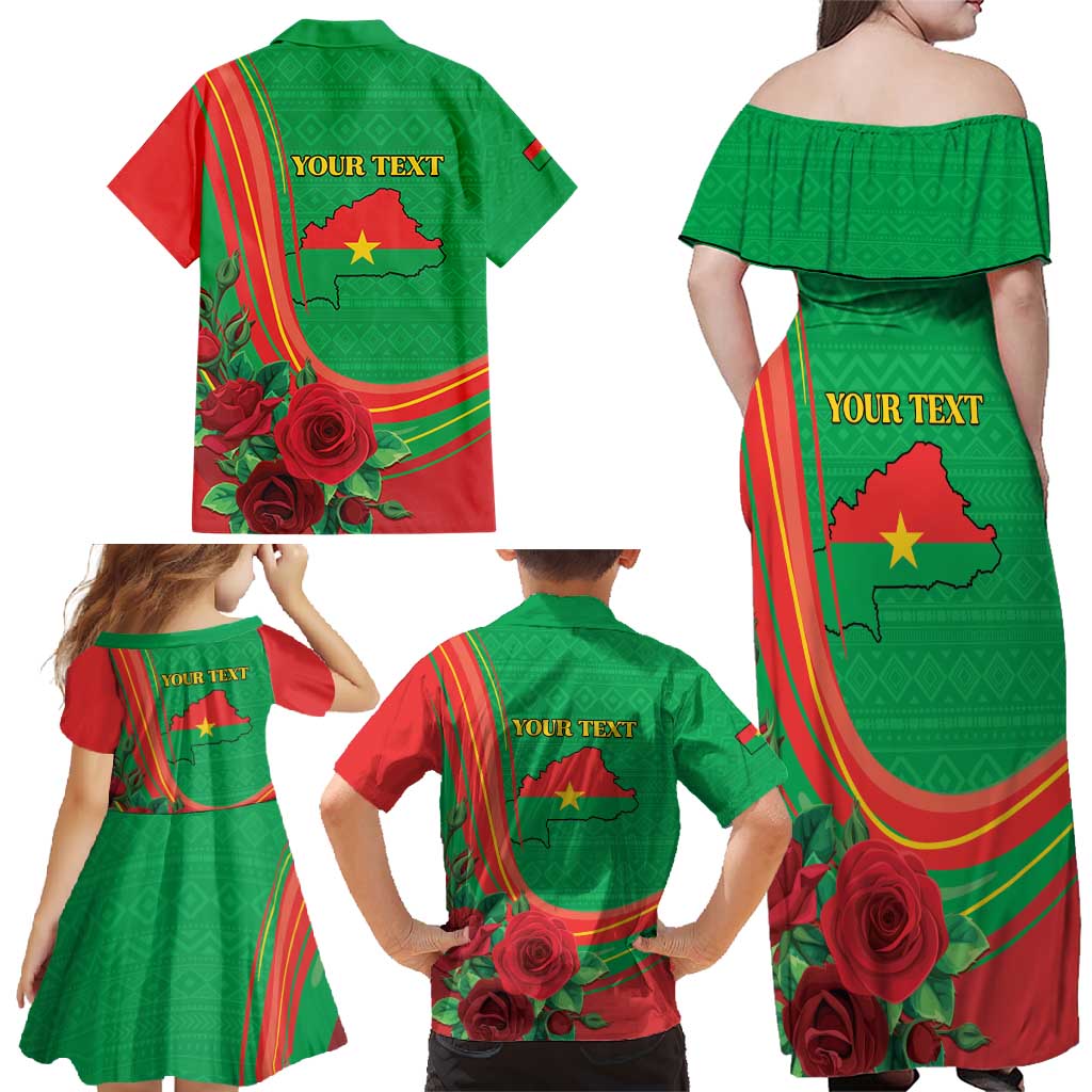 Personalised Burkina Faso Independence Day Family Matching Off Shoulder Maxi Dress and Hawaiian Shirt Coat Of Arms With Rose