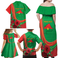 Personalised Burkina Faso Independence Day Family Matching Off Shoulder Maxi Dress and Hawaiian Shirt Coat Of Arms With Rose
