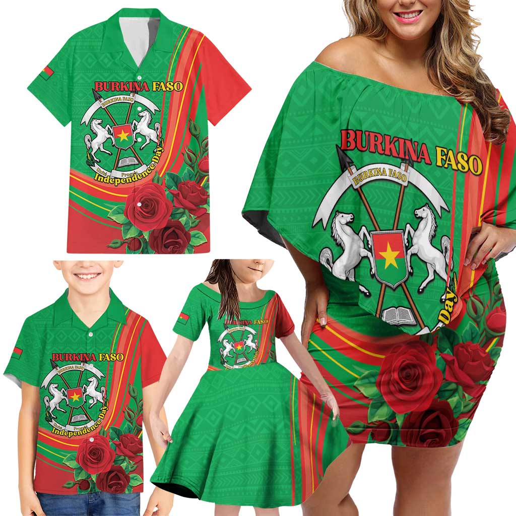 Personalised Burkina Faso Independence Day Family Matching Off Shoulder Short Dress and Hawaiian Shirt Coat Of Arms With Rose