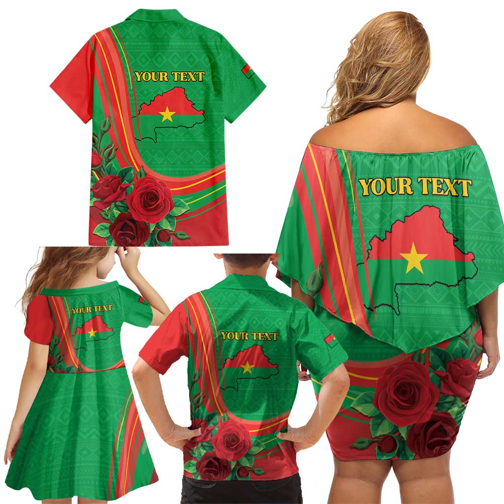 Personalised Burkina Faso Independence Day Family Matching Off Shoulder Short Dress and Hawaiian Shirt Coat Of Arms With Rose