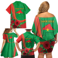 Personalised Burkina Faso Independence Day Family Matching Off Shoulder Short Dress and Hawaiian Shirt Coat Of Arms With Rose