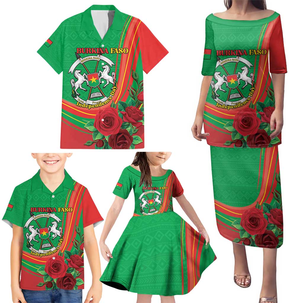Personalised Burkina Faso Independence Day Family Matching Puletasi and Hawaiian Shirt Coat Of Arms With Rose