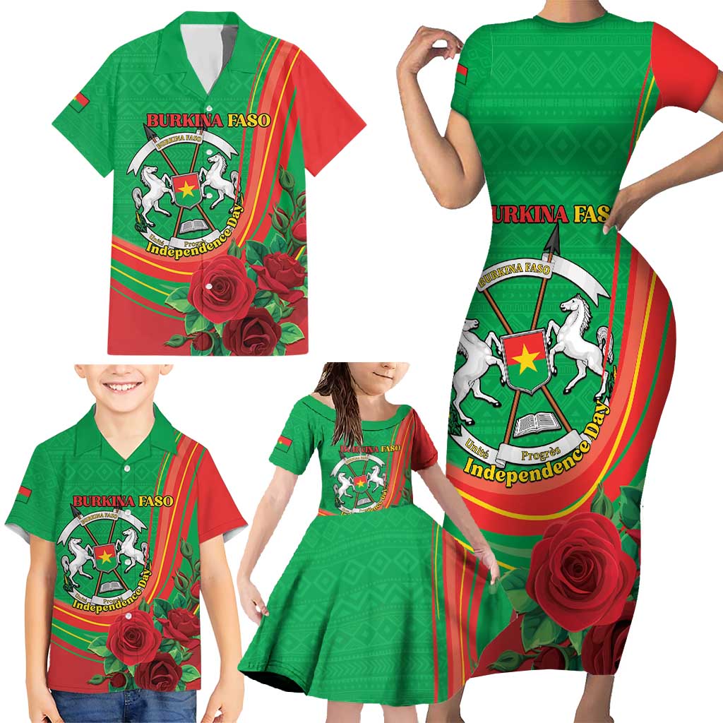 Personalised Burkina Faso Independence Day Family Matching Short Sleeve Bodycon Dress and Hawaiian Shirt Coat Of Arms With Rose