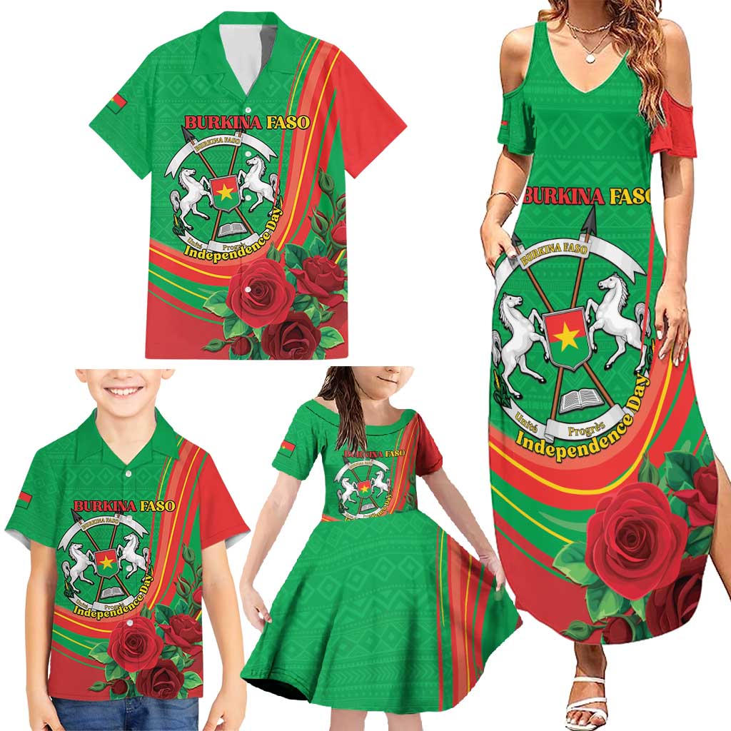 Personalised Burkina Faso Independence Day Family Matching Summer Maxi Dress and Hawaiian Shirt Coat Of Arms With Rose