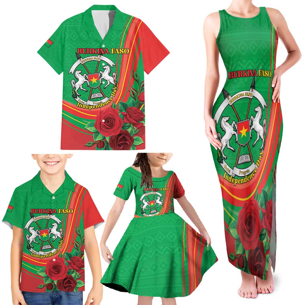 Personalised Burkina Faso Independence Day Family Matching Tank Maxi Dress and Hawaiian Shirt Coat Of Arms With Rose