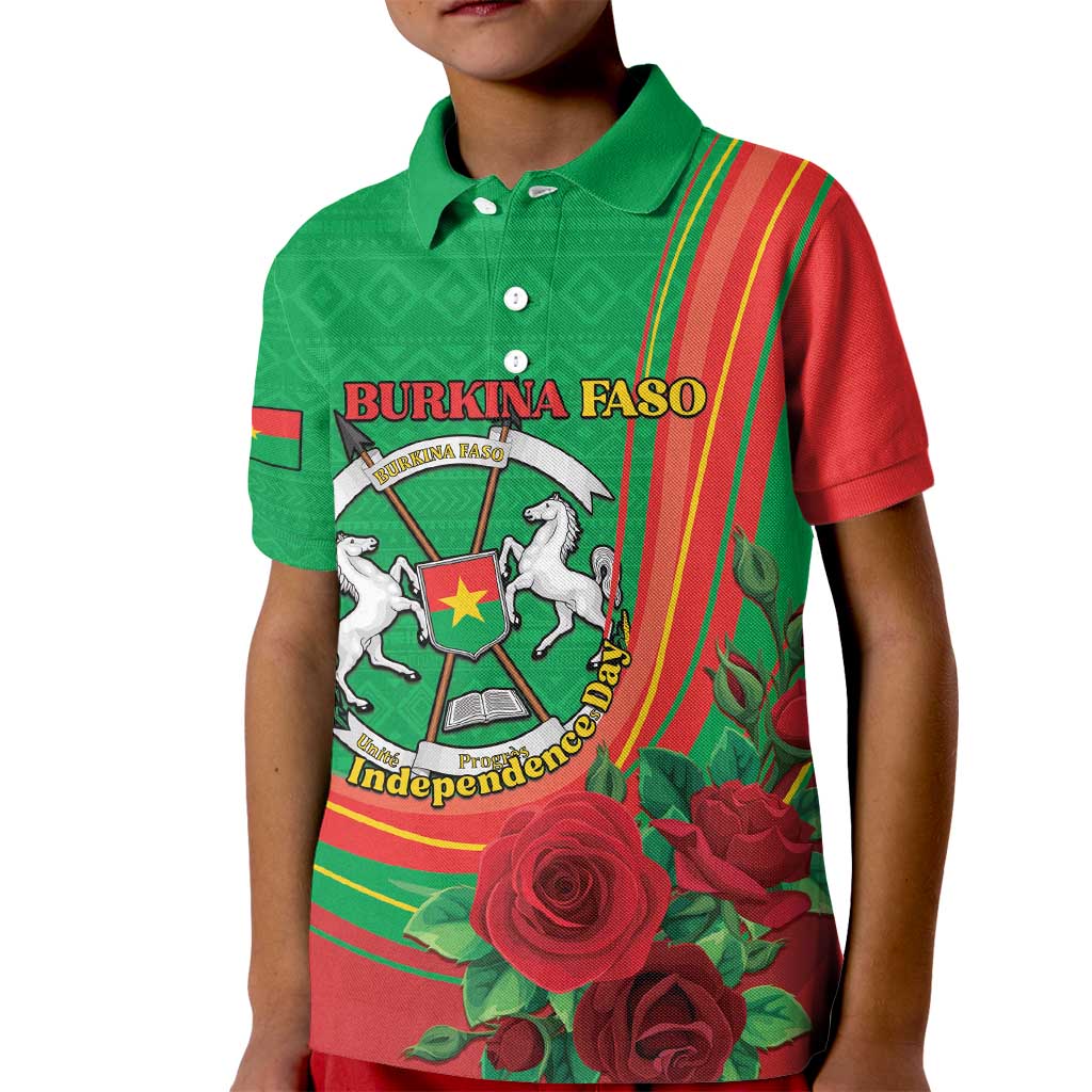 Personalised Burkina Faso Independence Day Kid Polo Shirt Coat Of Arms With Rose