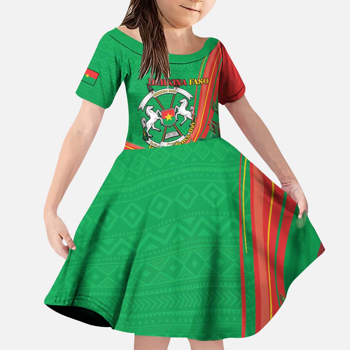 Personalised Burkina Faso Independence Day Kid Short Sleeve Dress Coat Of Arms With Rose