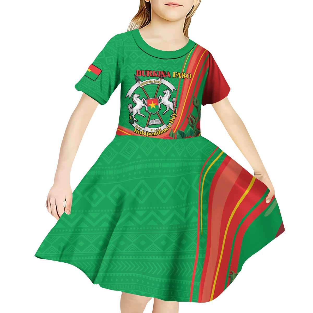 Personalised Burkina Faso Independence Day Kid Short Sleeve Dress Coat Of Arms With Rose