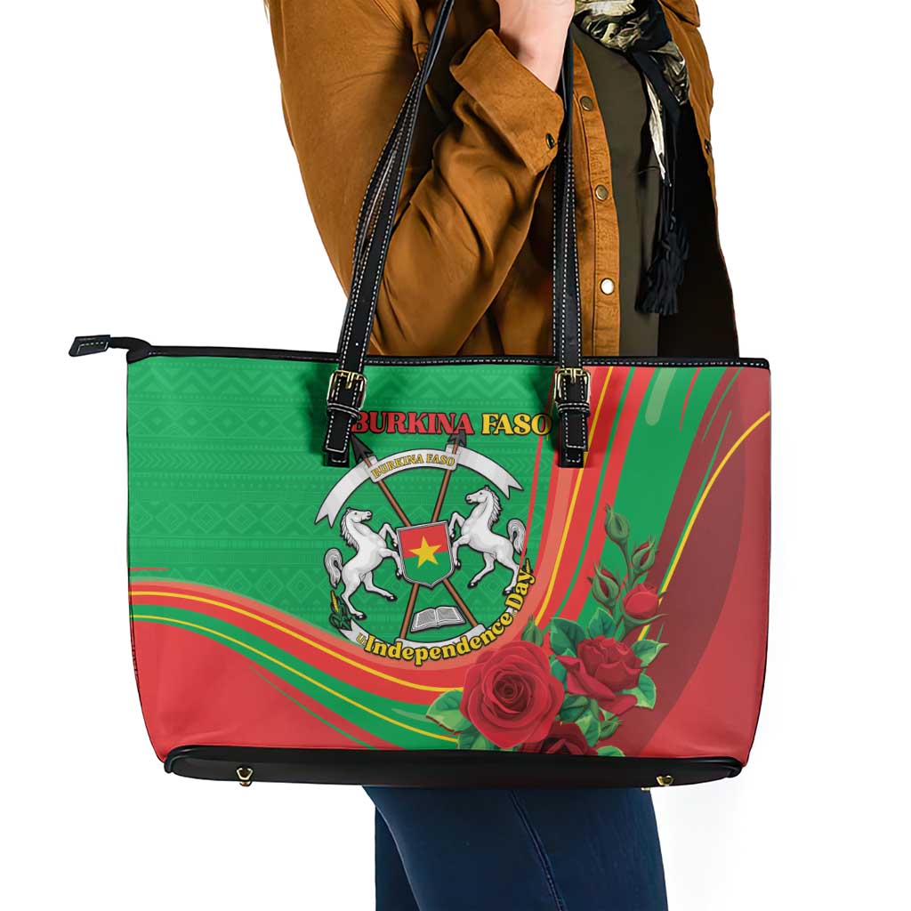 Burkina Faso Independence Day Leather Tote Bag Coat Of Arms With Rose