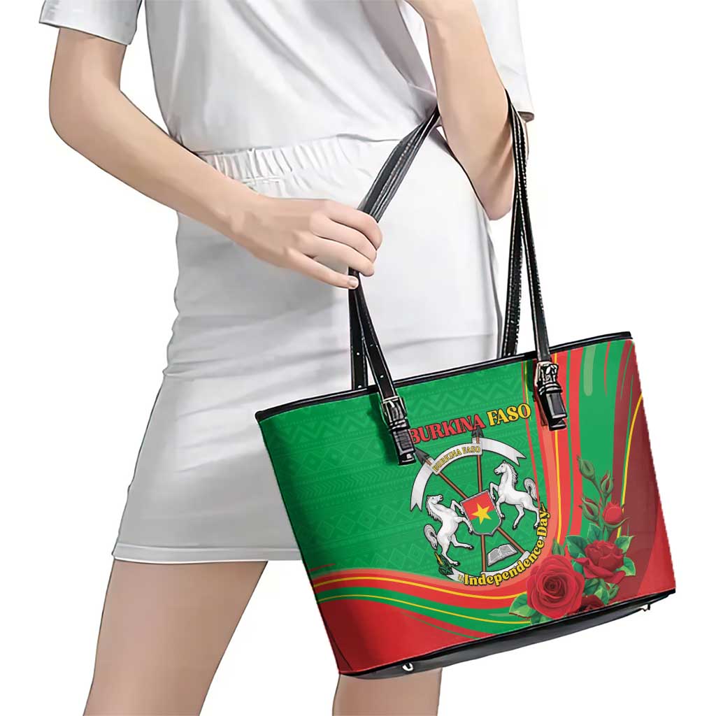 Burkina Faso Independence Day Leather Tote Bag Coat Of Arms With Rose