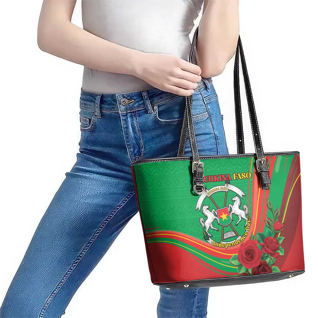 Burkina Faso Independence Day Leather Tote Bag Coat Of Arms With Rose