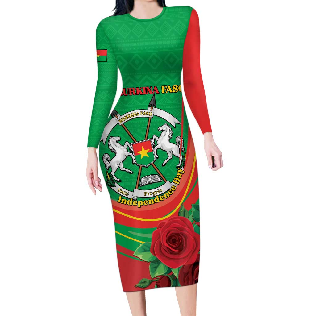 Personalised Burkina Faso Independence Day Long Sleeve Bodycon Dress Coat Of Arms With Rose