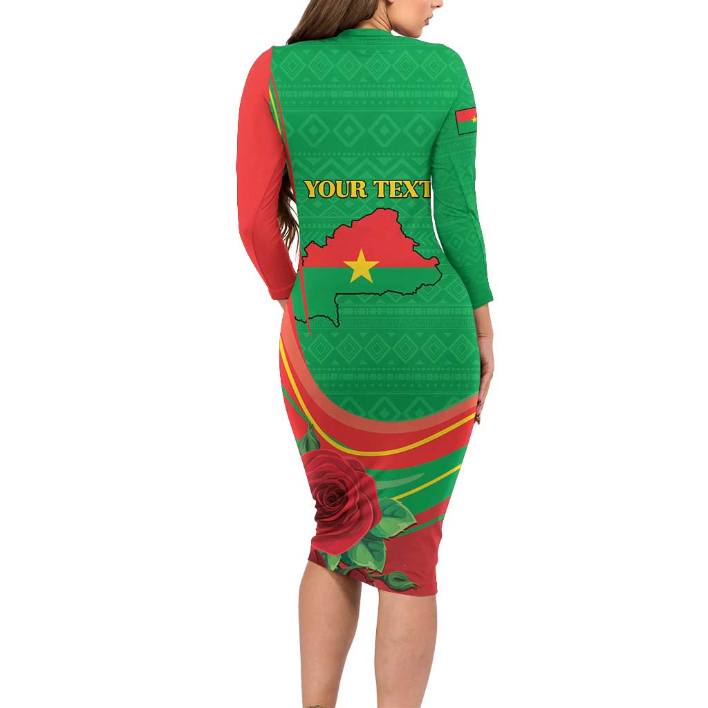 Personalised Burkina Faso Independence Day Long Sleeve Bodycon Dress Coat Of Arms With Rose