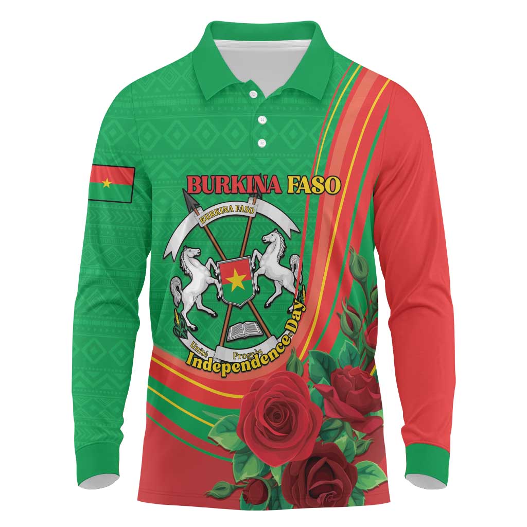 Personalised Burkina Faso Independence Day Long Sleeve Polo Shirt Coat Of Arms With Rose