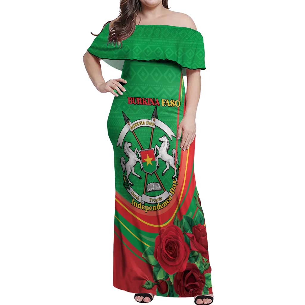 Personalised Burkina Faso Independence Day Off Shoulder Maxi Dress Coat Of Arms With Rose