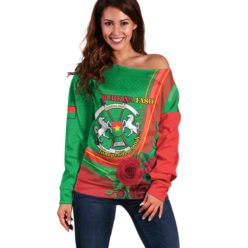 Personalised Burkina Faso Independence Day Off Shoulder Sweater Coat Of Arms With Rose