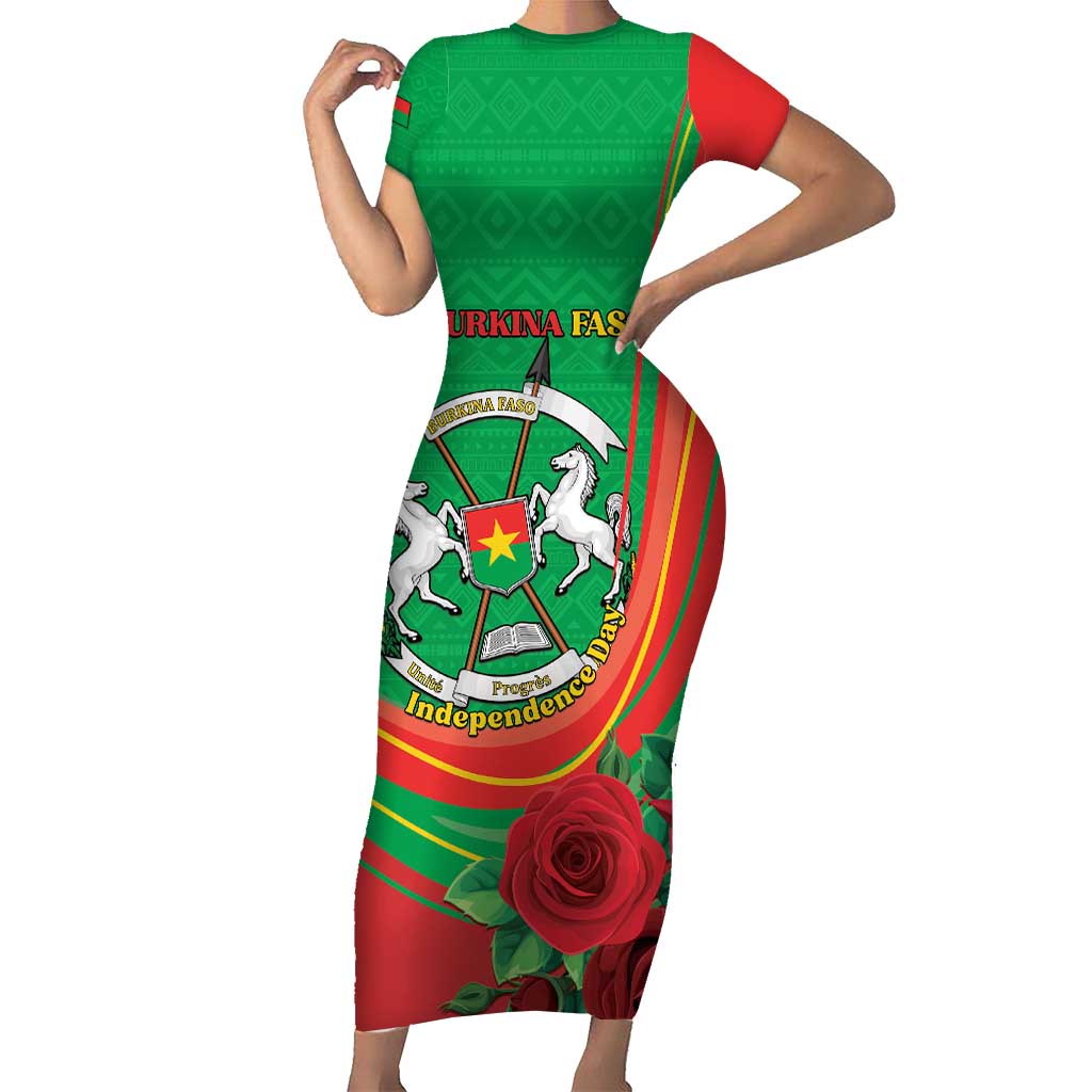 Personalised Burkina Faso Independence Day Short Sleeve Bodycon Dress Coat Of Arms With Rose