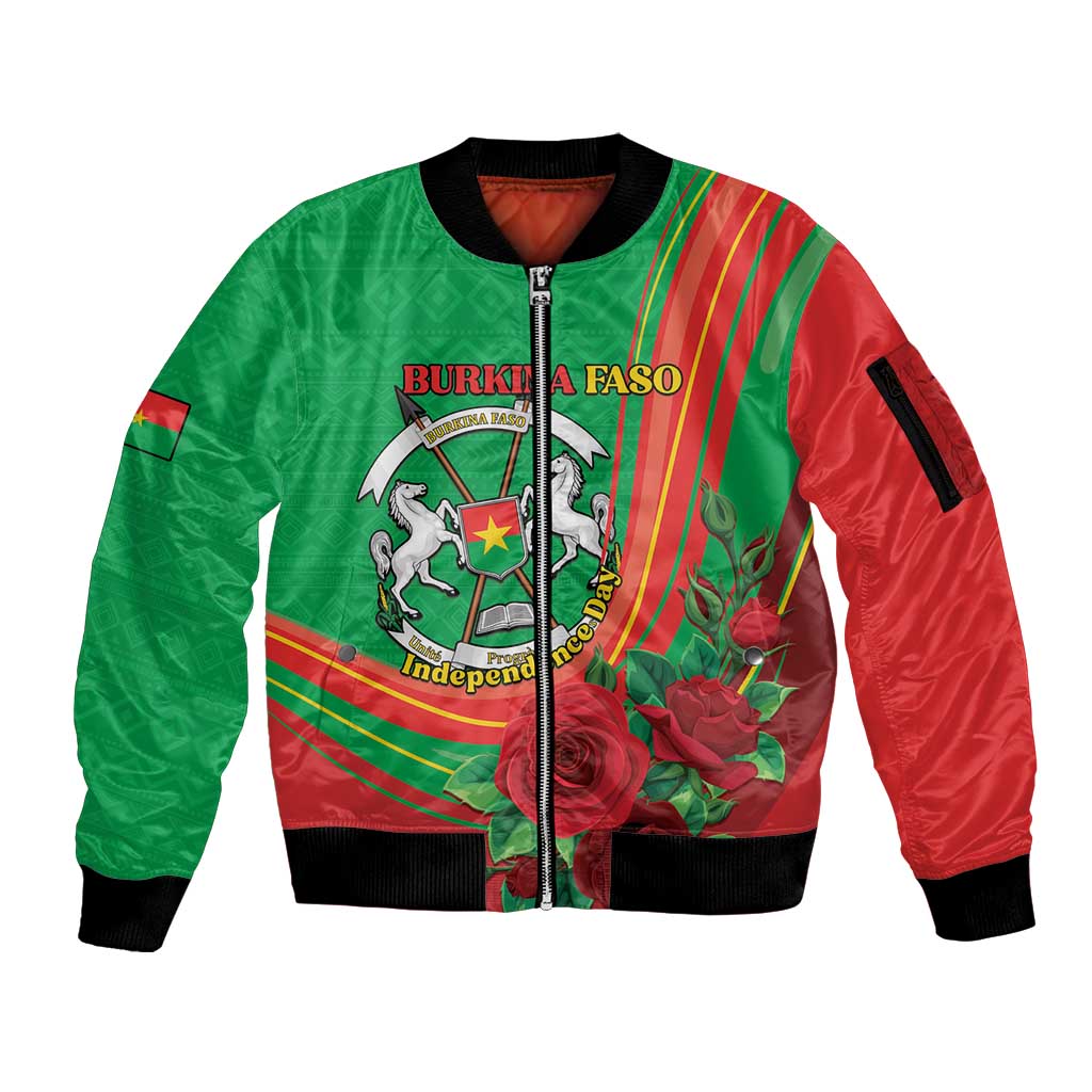 Personalised Burkina Faso Independence Day Sleeve Zip Bomber Jacket Coat Of Arms With Rose