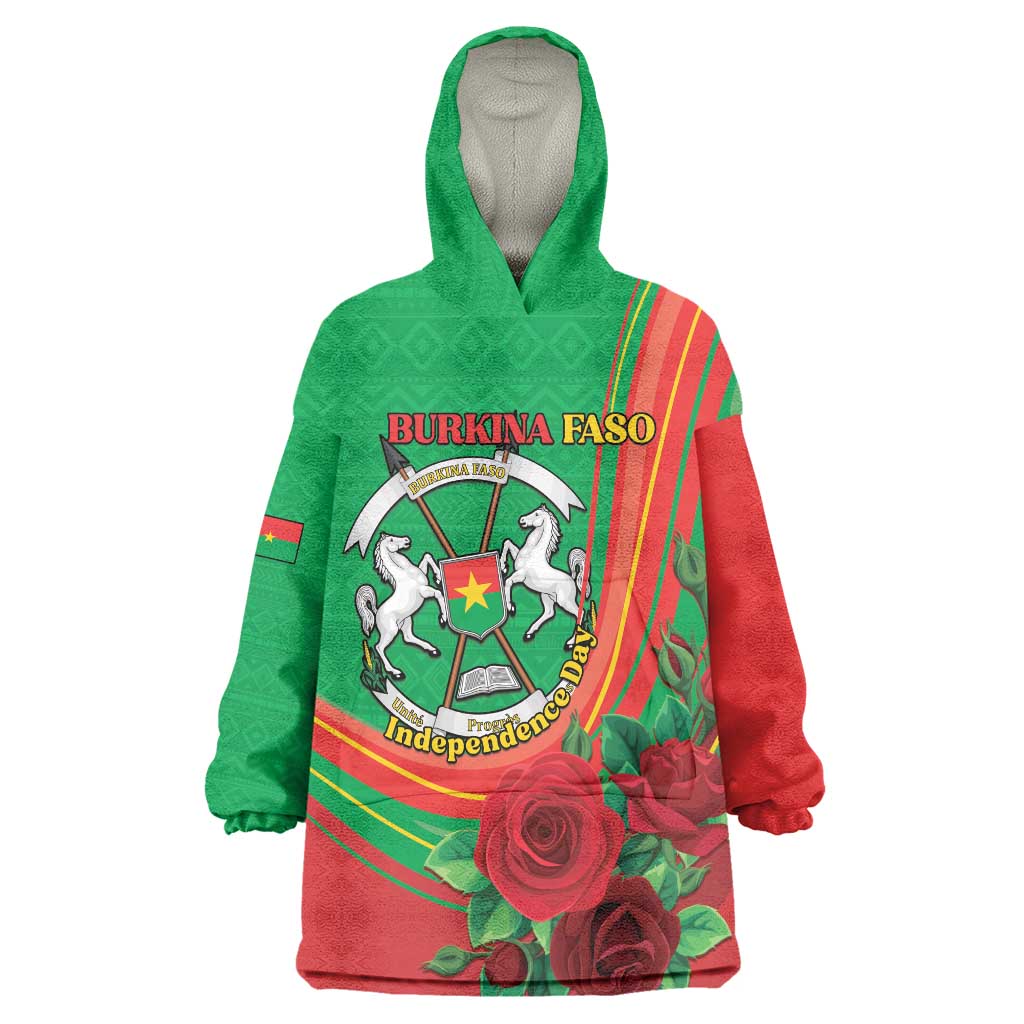 Personalised Burkina Faso Independence Day Wearable Blanket Hoodie Coat Of Arms With Rose