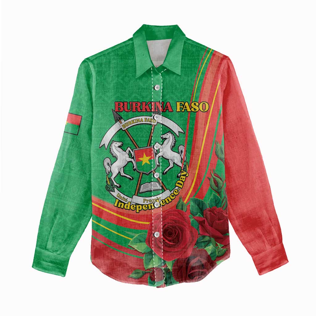 Personalised Burkina Faso Independence Day Women Casual Shirt Coat Of Arms With Rose