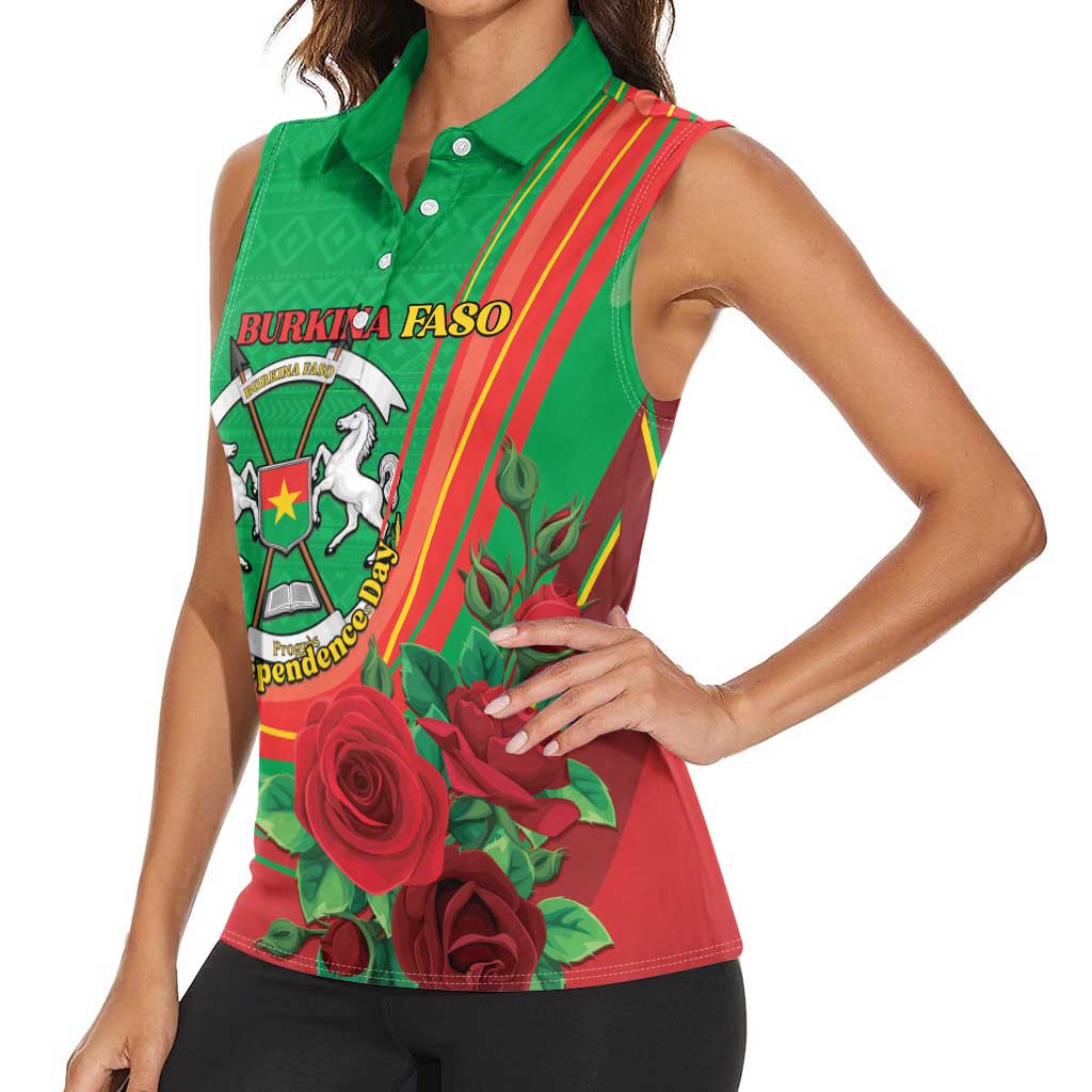 Personalised Burkina Faso Independence Day Women Sleeveless Polo Shirt Coat Of Arms With Rose
