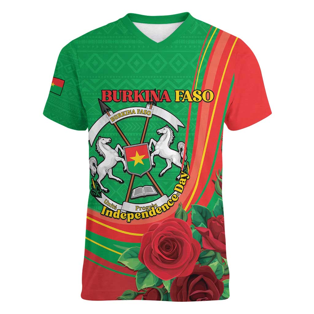 Personalised Burkina Faso Independence Day Women V-Neck T-Shirt Coat Of Arms With Rose