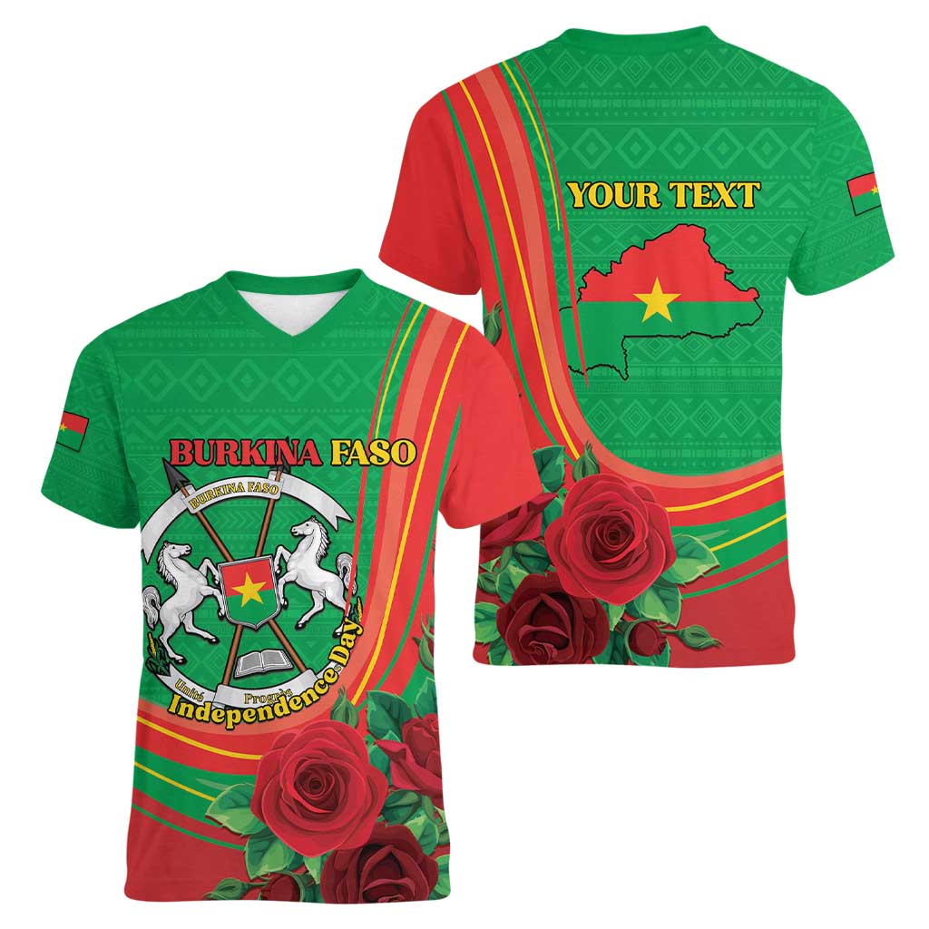 Personalised Burkina Faso Independence Day Women V-Neck T-Shirt Coat Of Arms With Rose