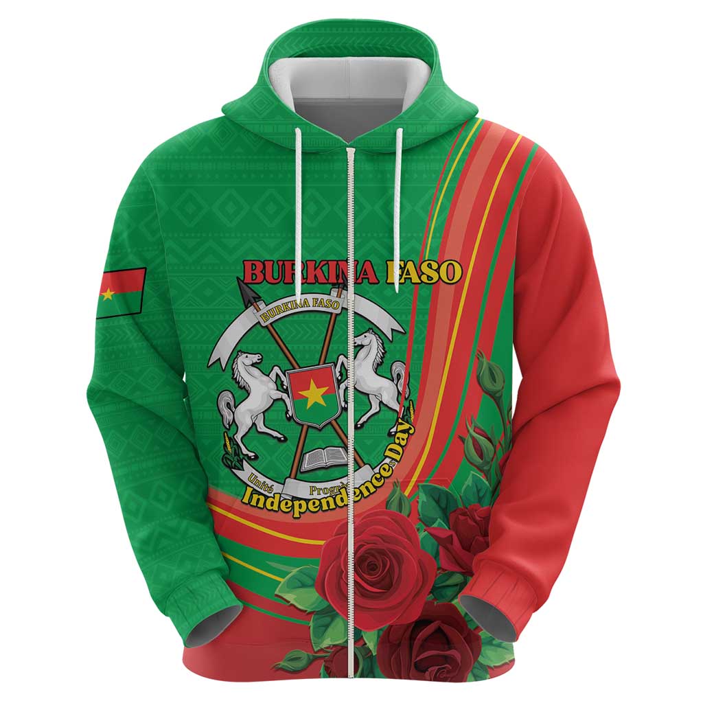 Personalised Burkina Faso Independence Day Zip Hoodie Coat Of Arms With Rose