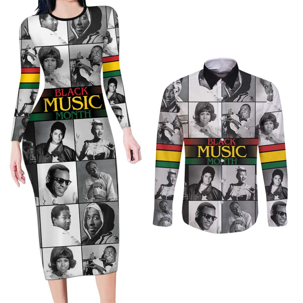 African-American Black Music Month Couples Matching Long Sleeve Bodycon Dress and Long Sleeve Button Shirt Legends Tribute