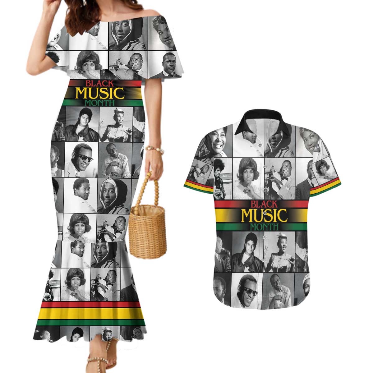 African-American Black Music Month Couples Matching Mermaid Dress and Hawaiian Shirt Legends Tribute