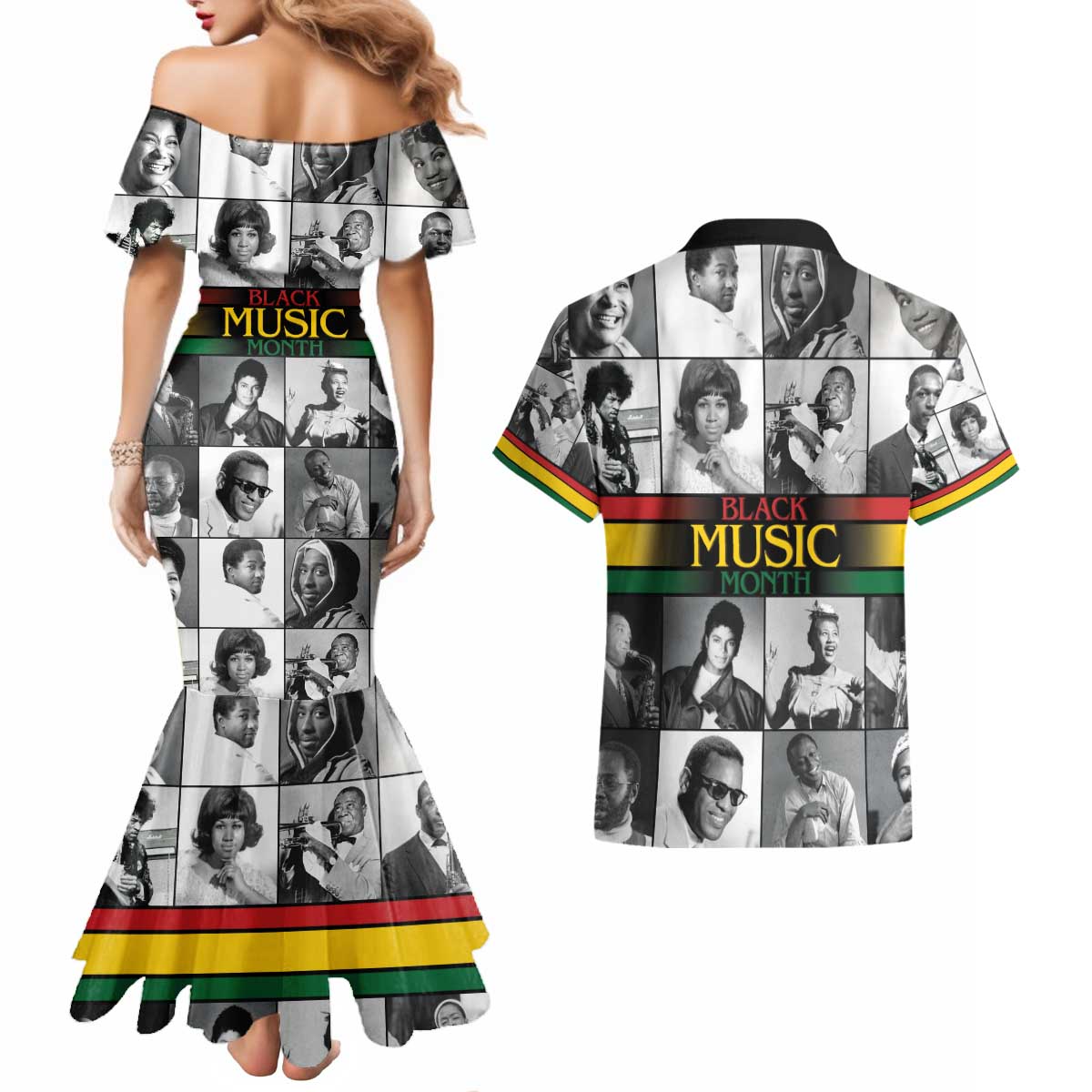 African-American Black Music Month Couples Matching Mermaid Dress and Hawaiian Shirt Legends Tribute