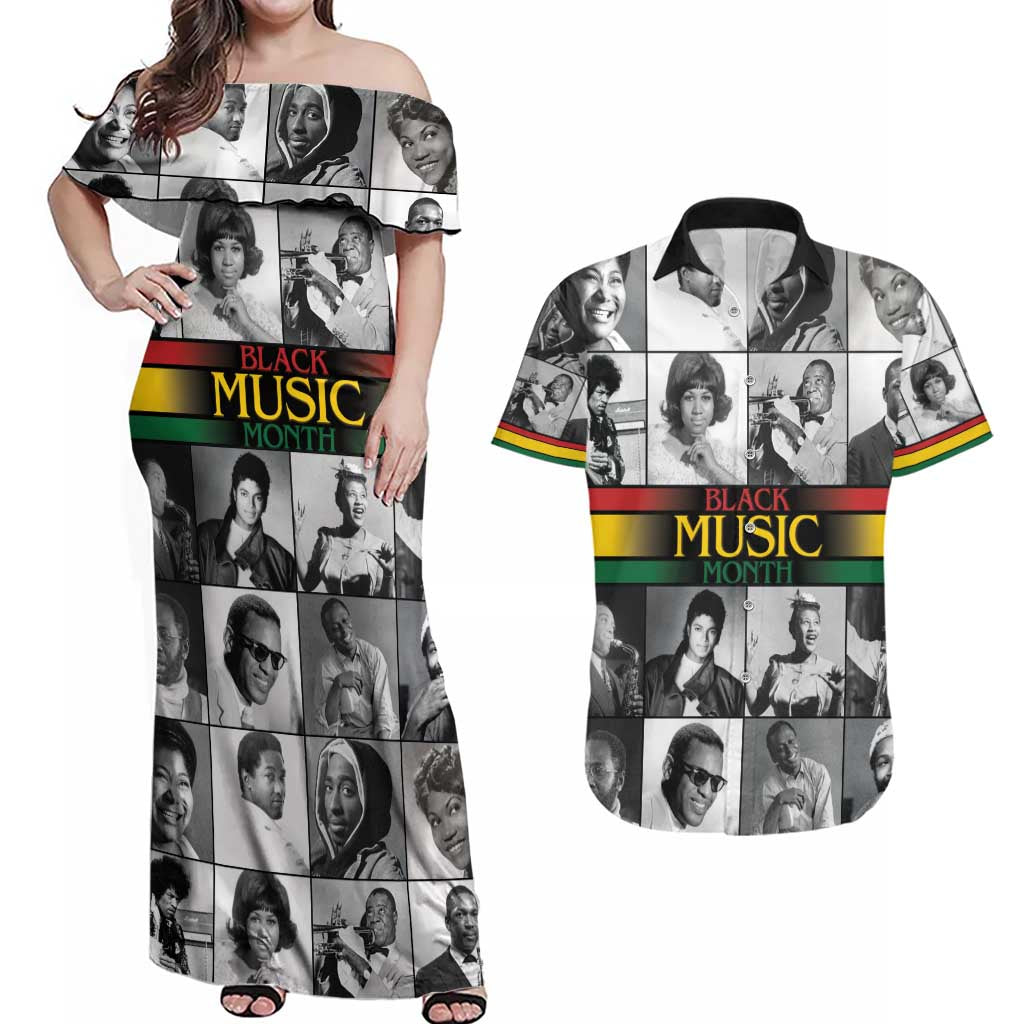 African-American Black Music Month Couples Matching Off Shoulder Maxi Dress and Hawaiian Shirt Legends Tribute