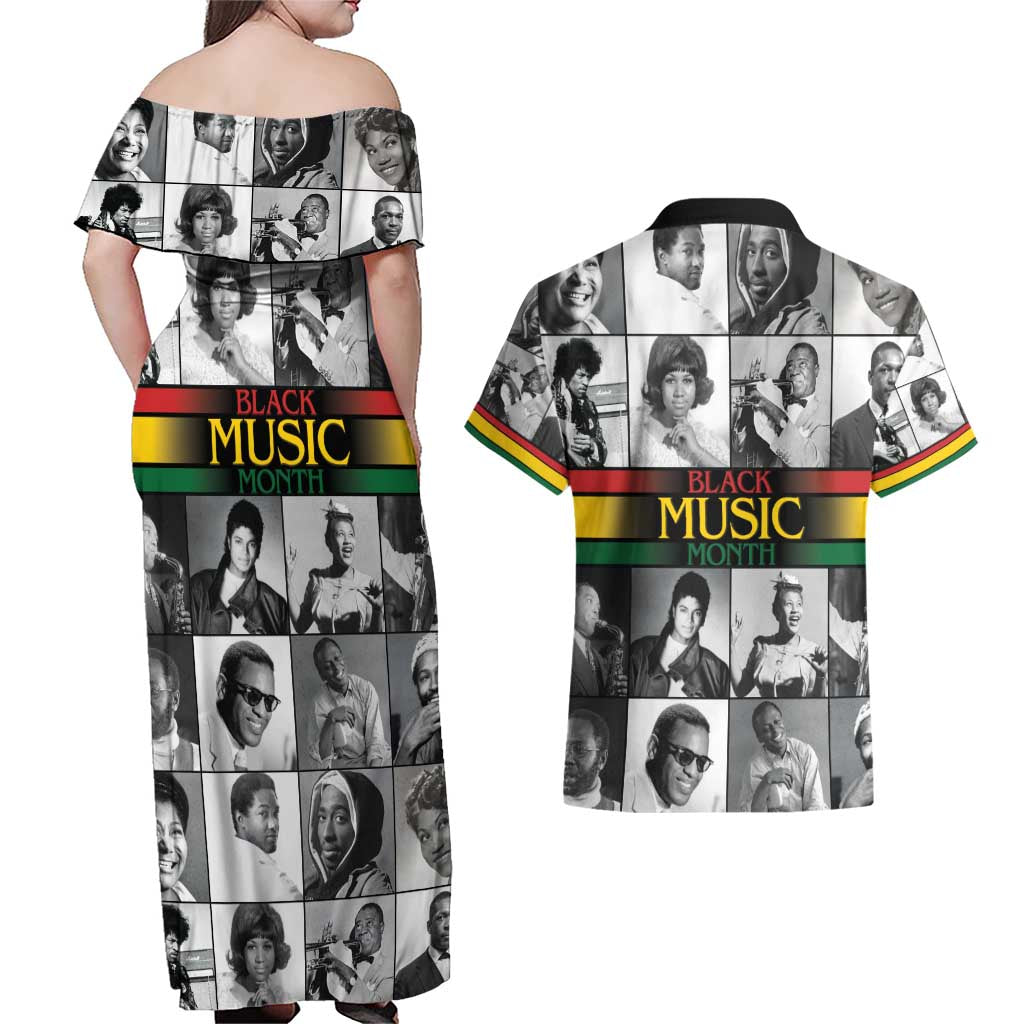 African-American Black Music Month Couples Matching Off Shoulder Maxi Dress and Hawaiian Shirt Legends Tribute
