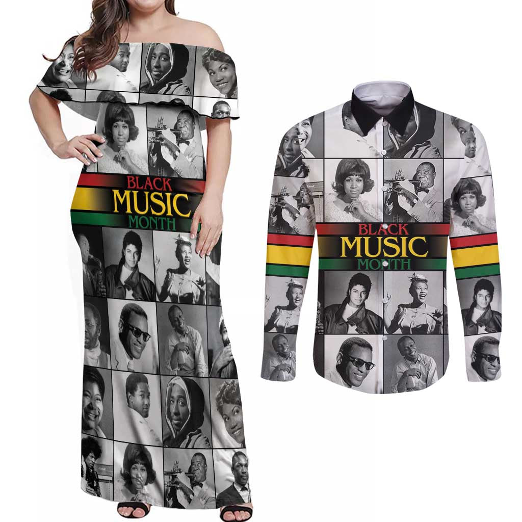 African-American Black Music Month Couples Matching Off Shoulder Maxi Dress and Long Sleeve Button Shirt Legends Tribute