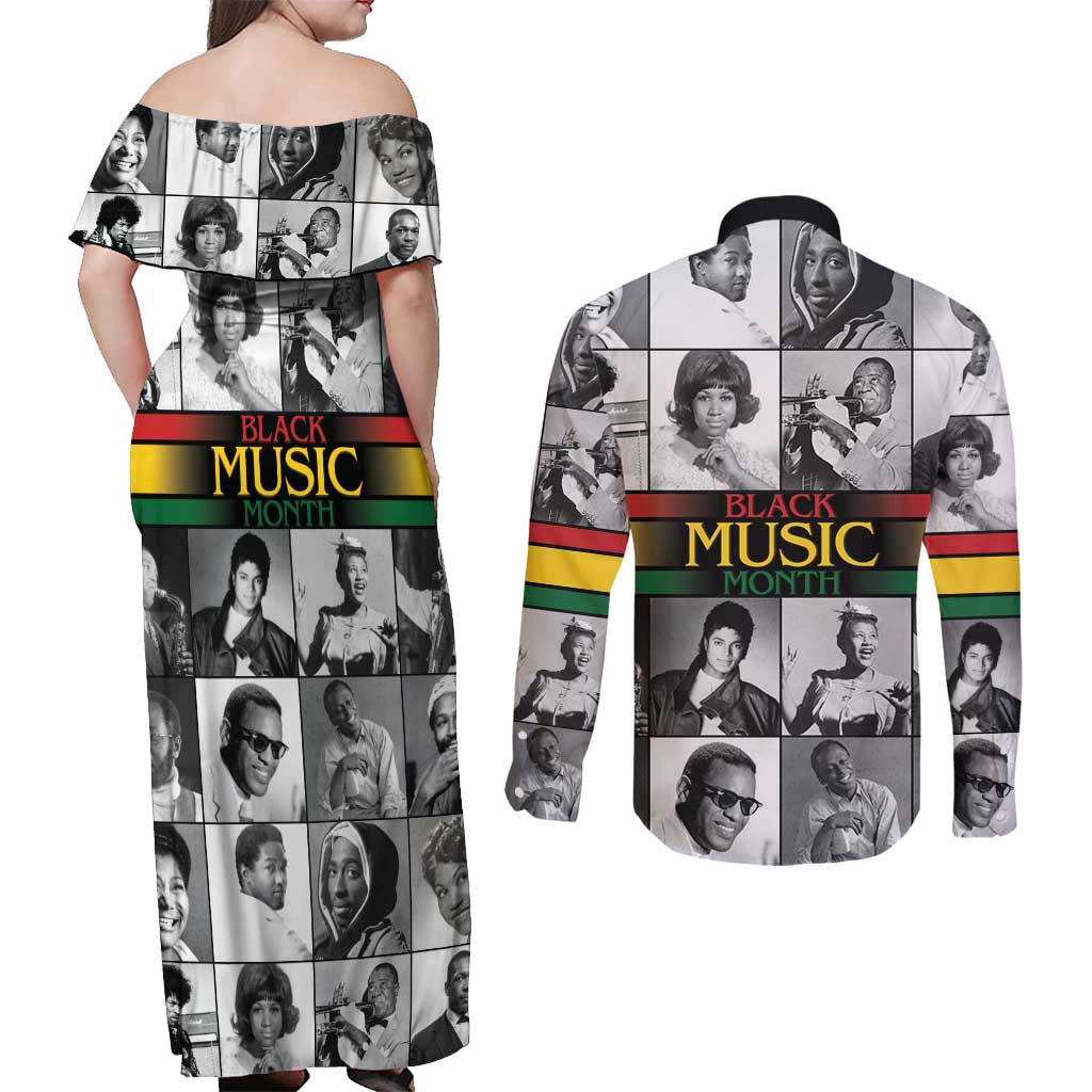 African-American Black Music Month Couples Matching Off Shoulder Maxi Dress and Long Sleeve Button Shirt Legends Tribute
