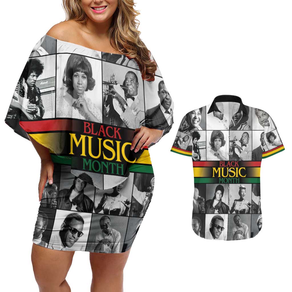 African-American Black Music Month Couples Matching Off Shoulder Short Dress and Hawaiian Shirt Legends Tribute