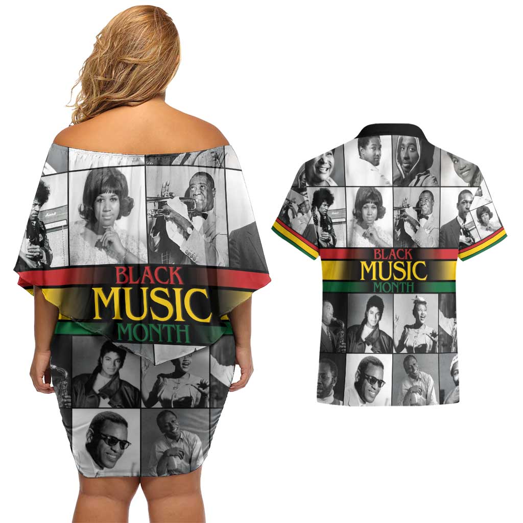 African-American Black Music Month Couples Matching Off Shoulder Short Dress and Hawaiian Shirt Legends Tribute