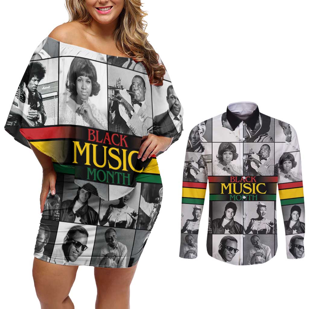 African-American Black Music Month Couples Matching Off Shoulder Short Dress and Long Sleeve Button Shirt Legends Tribute
