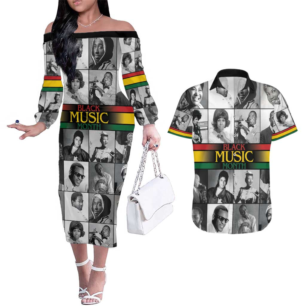 African-American Black Music Month Couples Matching Off The Shoulder Long Sleeve Dress and Hawaiian Shirt Legends Tribute