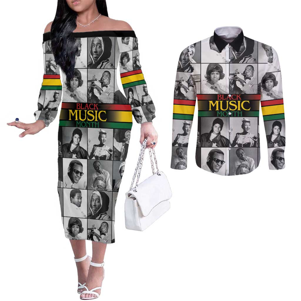 African-American Black Music Month Couples Matching Off The Shoulder Long Sleeve Dress and Long Sleeve Button Shirt Legends Tribute