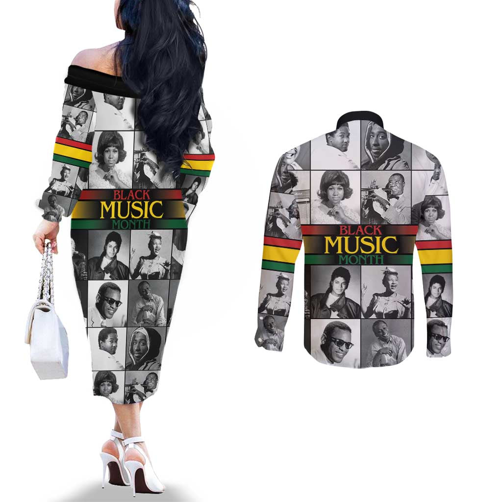 African-American Black Music Month Couples Matching Off The Shoulder Long Sleeve Dress and Long Sleeve Button Shirt Legends Tribute
