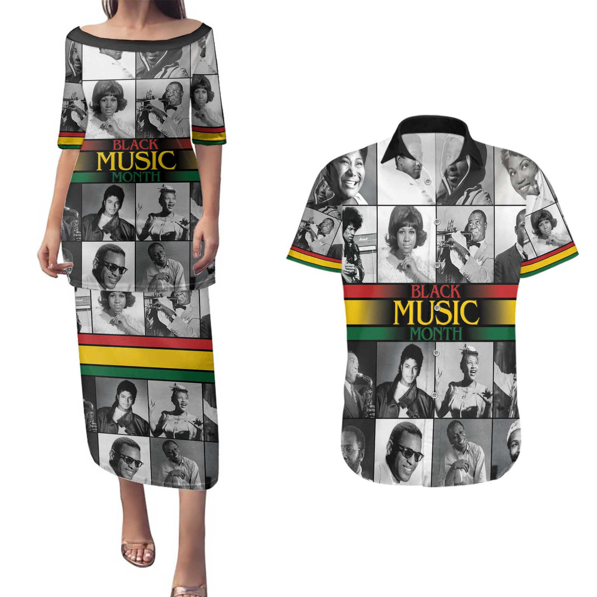 African-American Black Music Month Couples Matching Puletasi and Hawaiian Shirt Legends Tribute