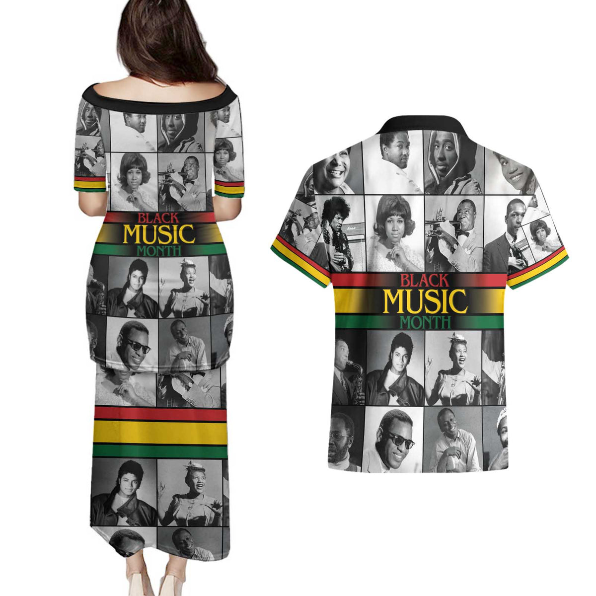 African-American Black Music Month Couples Matching Puletasi and Hawaiian Shirt Legends Tribute
